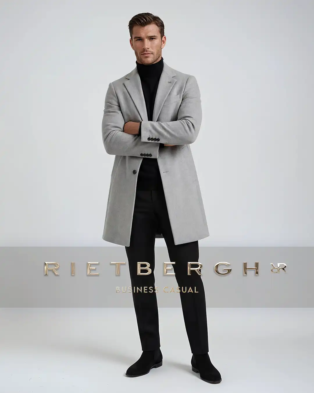 Business-casual-sta-2026-004 Een business casual outfit met een lichtgrijze overcoat en zwarte kleding