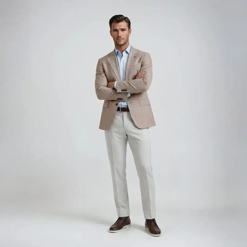 casual-chic-klanten-0001 Een man in een casual chic combinatie met een beige blazer een lichtblauw shirt en een offwhite chino met donkerbruine lederen schoen