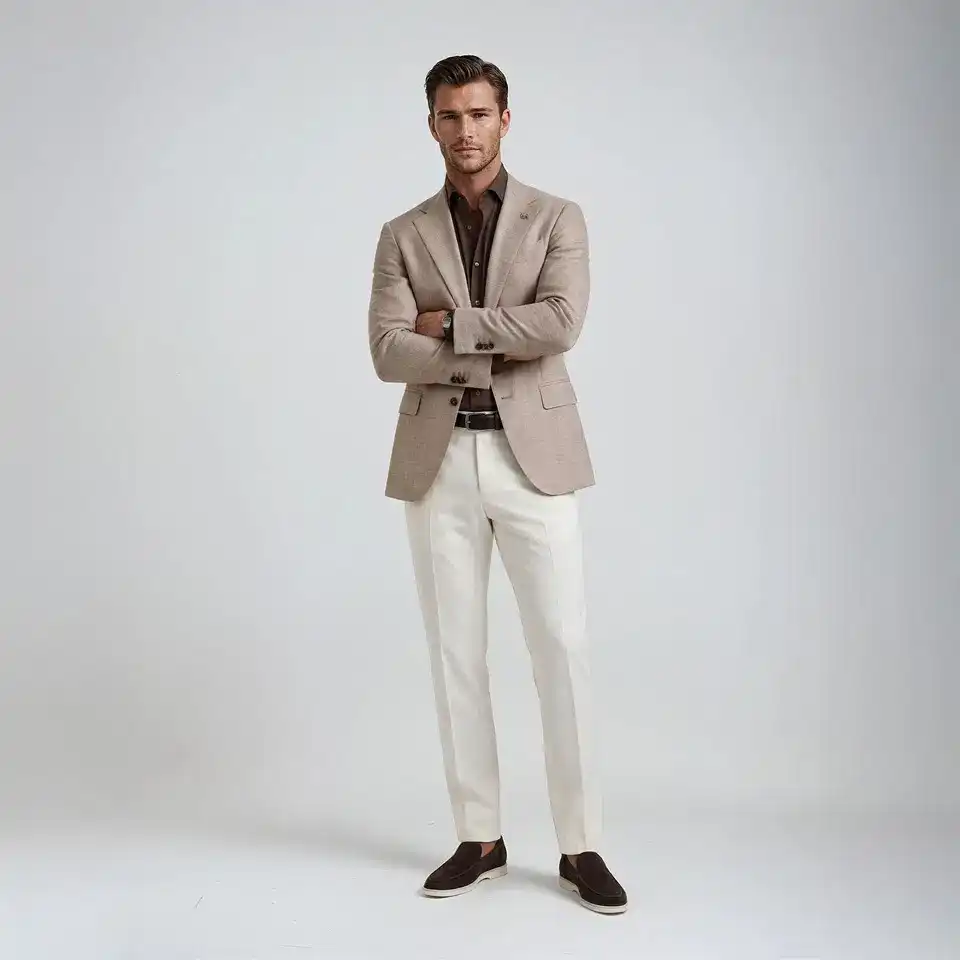 casual-chic-klanten-0002 Een man in een beige colbert met een bruin shirt en een offwhite kleurige chino en bruine loafers