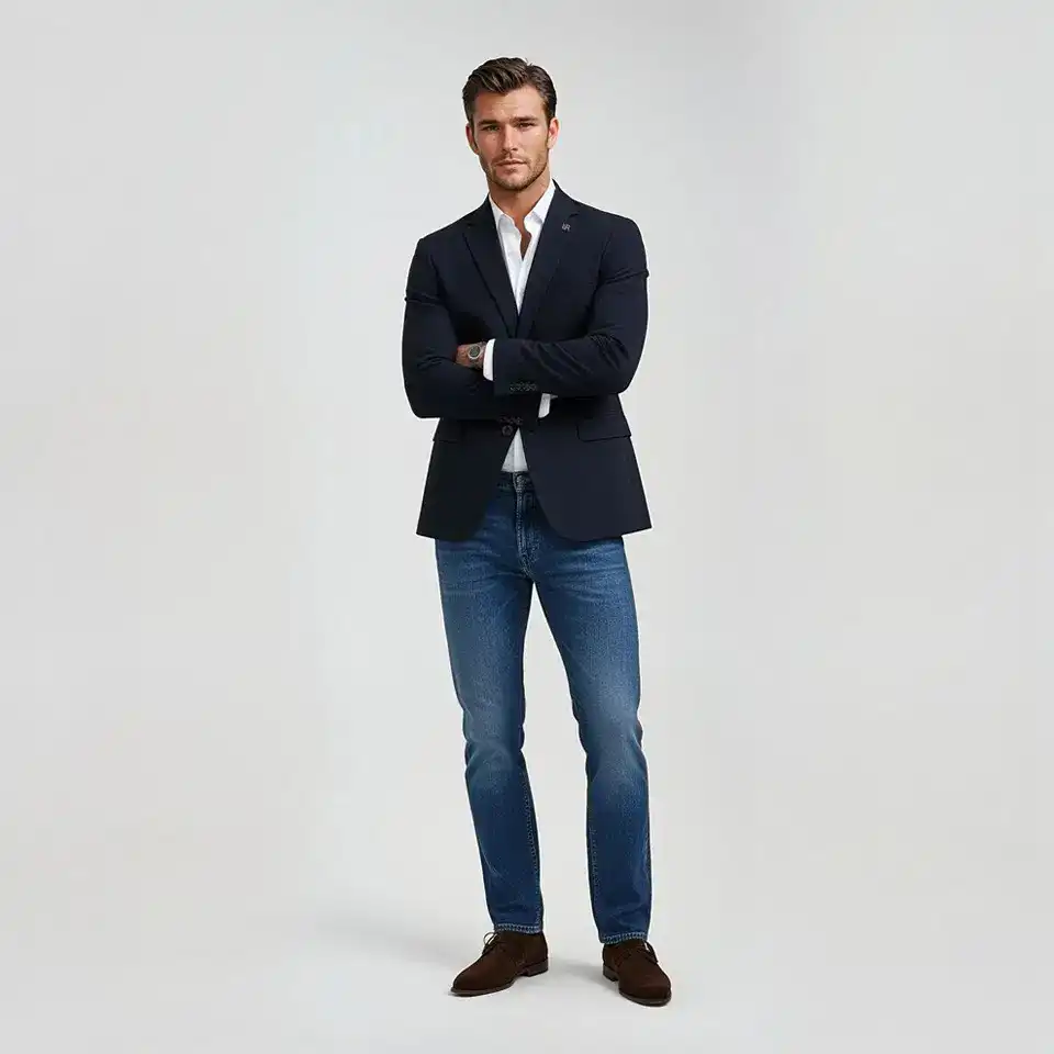 casual-chic-klanten-0004 Een man in een blauwe blazer met een wit shirt en een blauwe jeans op maat van Rietbergh. Hij draagt suede bruine schoenen