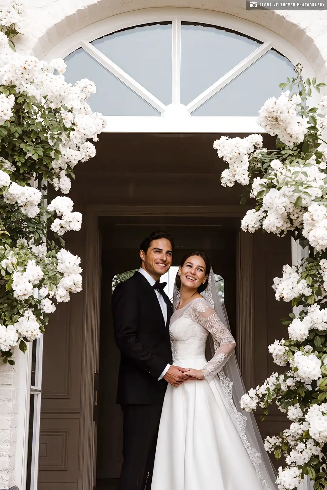 smokingklanten-zwarte-smoking-0004-STA Een man in een zwarte smoking in de deuropening van zijn villa met zijn bruid.